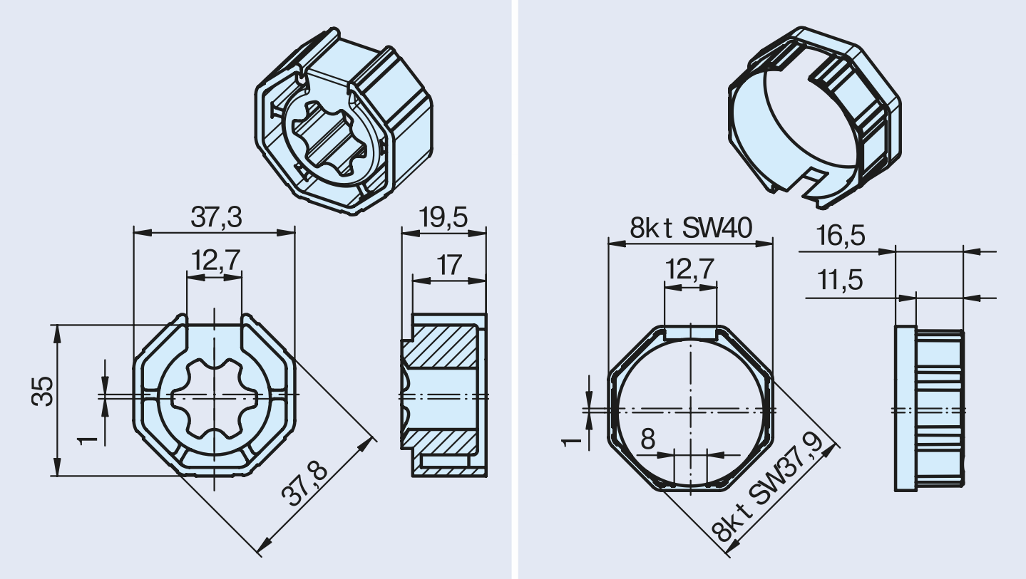 Mitnehmer für 40iger 8-Kant Welle