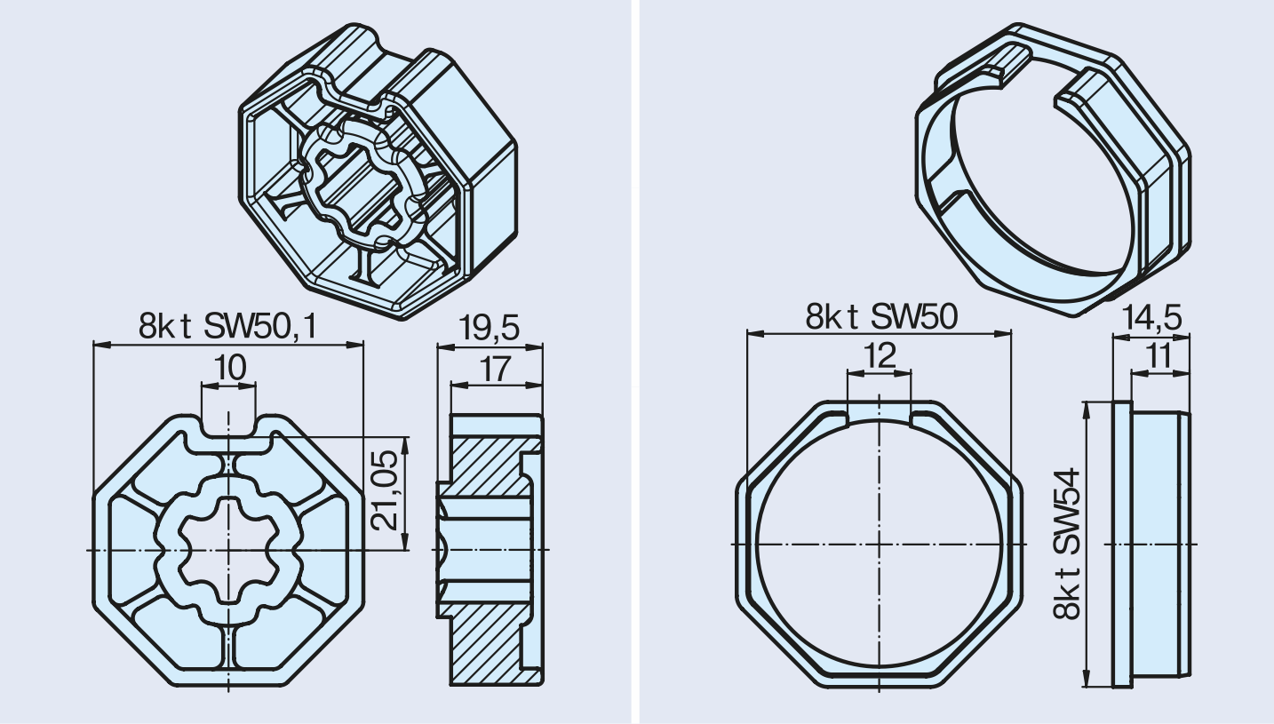 Mitnehmer für 50iger 8-Kant Welle